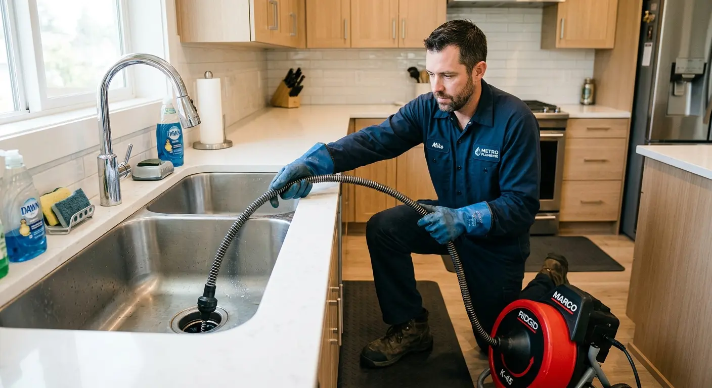 Drain cleaning technician using a motorized snake on a kitchen sink in Chanute