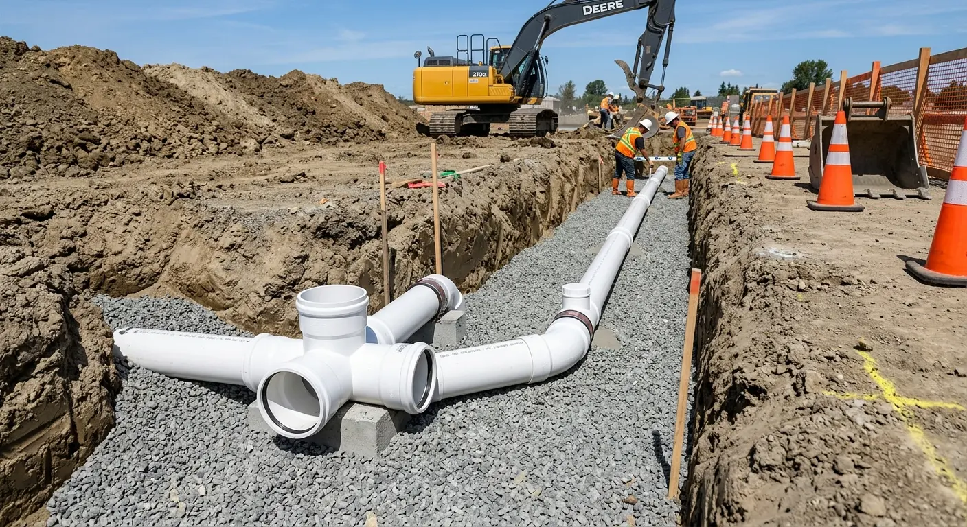 New PVC sewer pipe installation in open trench for Commercial Drain Cleaning in Chanute